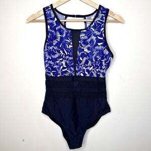 Athleta One Piece Bathing Suit Swimsuit Women's S Blue Mesh Sporty Modest Chic